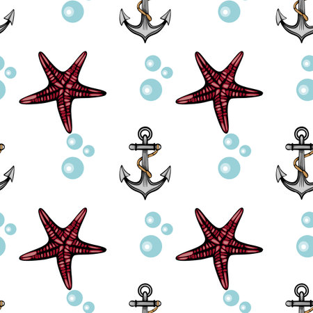 A seamless pattern featuring red starfish, nautical anchors, and blue bubbles on a white background. The design is playful and marine-themed, suitable for beach or ocean-related projects.のイラスト素材