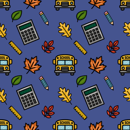 This vibrant vector seamless pattern features a playful mix of school supplies, including calculators, pencils, rulers, and autumn leaves, all set against a rich indigo backdrop, creating a cheerfullのイラスト素材