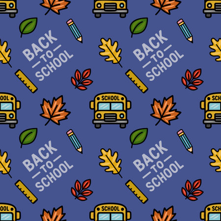 A cheerful vector seamless pattern celebrating Back to School with cute illustrations of school bus, autumn leaves, pencil and ruler on a deep blue background.のイラスト素材