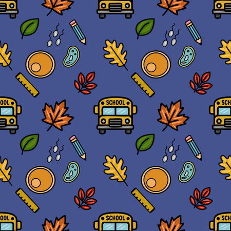 A charming vector seamless pattern featuring a school bus, autumn leaves, pencils, rulers, and petri dishes on a deep blue background, ideal for educational or back-to-school designs.のイラスト素材