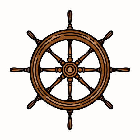 A vintage wooden ship's steering wheel with eight spokes, detailed craftsmanship, and a classic nautical design.のイラスト素材
