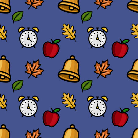A charming vector seamless pattern featuring autumnal leaves, school bells, alarm clocks, and red apples on a deep blue background, ideal for back-to-school or fall-themed designs.のイラスト素材