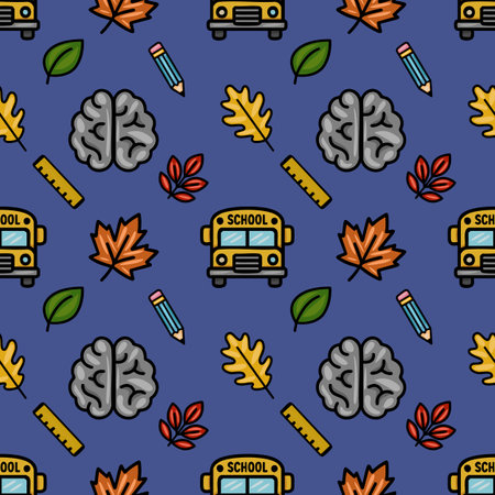 This vibrant vector seamless pattern features a playful mix of school-themed icons like a yellow school bus, brains, pencils, rulers, and autumn leaves, creating a cheerful and educational backdropのイラスト素材