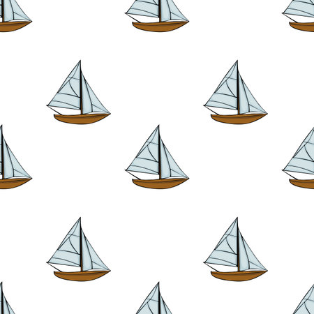 A seamless pattern featuring small sailboats with light blue sails and brown hulls on a white background. Ideal for nautical-themed designs and textiles.のイラスト素材