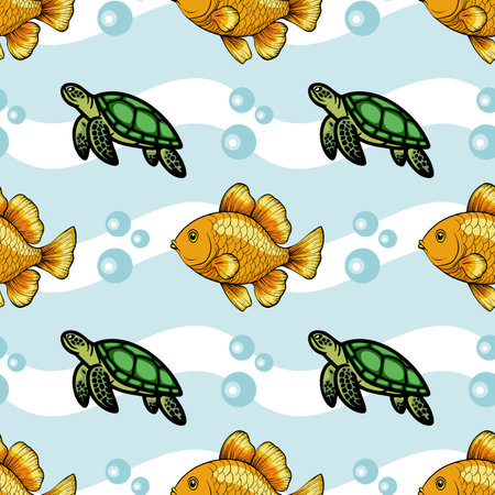 A playful underwater pattern featuring colorful goldfish and green turtles swimming among bubbles and wavy lines on a light blue background.のイラスト素材