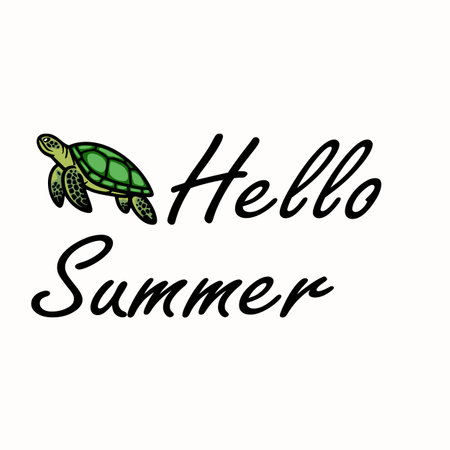 A playful illustration featuring a green turtle alongside the text 'Hello Summer' in a stylish font. The design evokes a cheerful, summery vibe, perfect for seasonal greetings or decorations.のイラスト素材