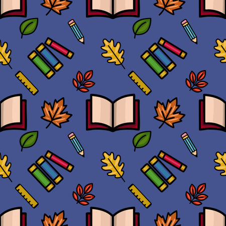 Delightful vector seamless pattern featuring autumn leaves, open books, pencils, and rulers, creating a charming back-to-school or fall-themed design.のイラスト素材