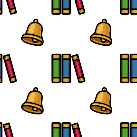 Seamless vector pattern featuring a playful arrangement of school bells and colorful books, ideal for educational backgrounds or childrens products.のイラスト素材