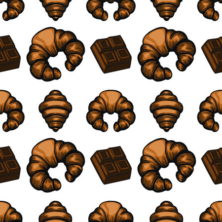 A vector  seamless pattern featuring hand-drawn croissants and chocolate squares on a white background. The croissants are golden brown, showcasing their flaky texture.のイラスト素材