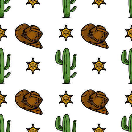 A repeating vector vector pattern featuring cowboy hats, cacti, and sheriff stars on a white background. The design is playful and evokes a Western theme, suitable for textiles or wallpapers.のイラスト素材