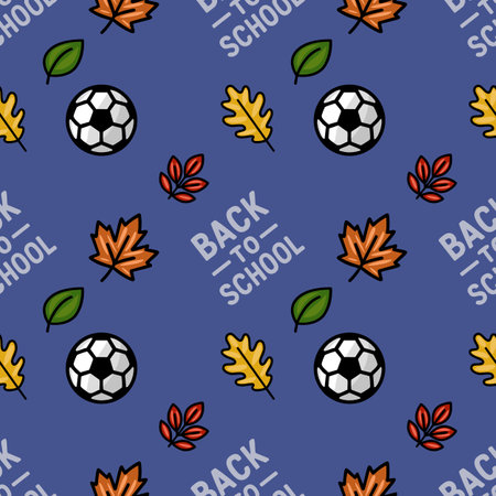 A vibrant vector seamless pattern celebrating Back to School, featuring autumn leaves, soccer balls, and a playful hand-drawn style on a deep blue background.のイラスト素材