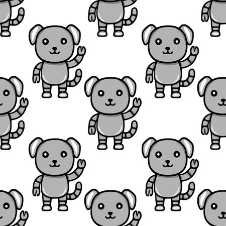 Seamless vector pattern of cute grey robotic dogs waving, featuring a playful and friendly design with black outlines, perfect for kids products or technology-themed projects.のイラスト素材