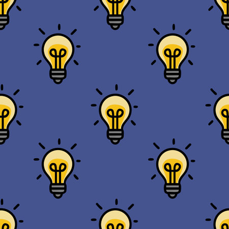 This vector seamless pattern features a playful arrangement of illuminated light bulbs on a deep blue background, creating a vibrant and energetic design ideal for various applications.のイラスト素材