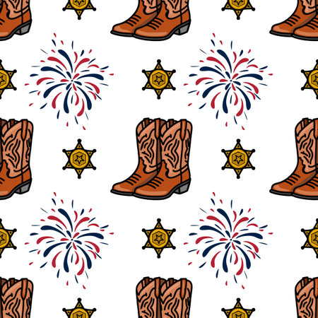 A seamless vector vector pattern featuring cowboy boots, sheriff stars, and colorful fireworks. The design is vibrant and festive, perfect for a Western-themed celebration or event.のイラスト素材
