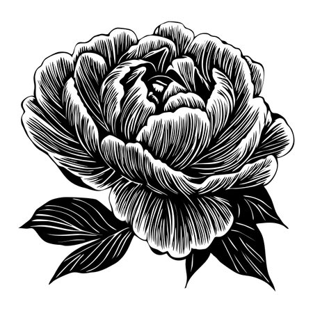 Exquisite vector illustration of a peony flower in a detailed woodcut style, featuring intricately etched petals and leaves, perfect for vintage designs and elegant projects.のイラスト素材