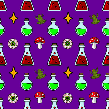 Seamless vector pattern featuring whimsical Halloween elements: vibrant green and red potions, quirky frogs, eerie eyeballs, and magical toadstools on a deep purple background.のイラスト素材