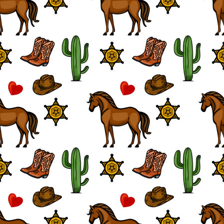 A playful vector vector pattern featuring horses, cowboy hats, sheriff badges, cacti, hearts, and cowboy boots. The design is colorful and evokes a Western theme, perfect for textiles or decor.のイラスト素材