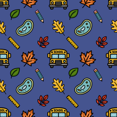 Delightful vector seamless pattern featuring a school bus, autumn leaves, pencils, rulers, and cell...