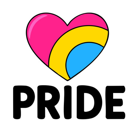 This vector illustration features a vibrant pink, yellow, and blue heart incorporating the pansexual pride flag colors, accompanied by the bold word PRIDE below.のイラスト素材