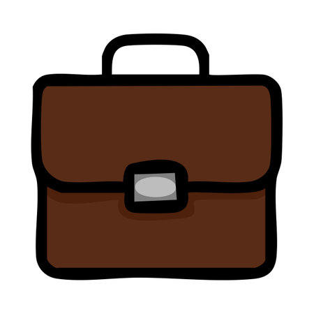 Simple vector illustration of a brown briefcase with a slightly cartoonish style, featuring a distinct clasp detail and thick black outline.のイラスト素材