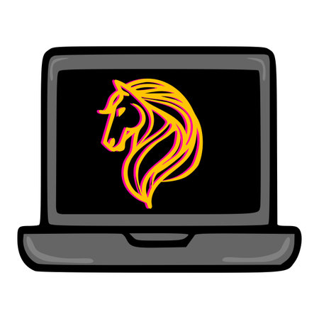 A vector illustration of a stylized horse head displayed on a laptop screen, showcasing a bold graphic design with vibrant yellow and magenta accents against a black background.のイラスト素材