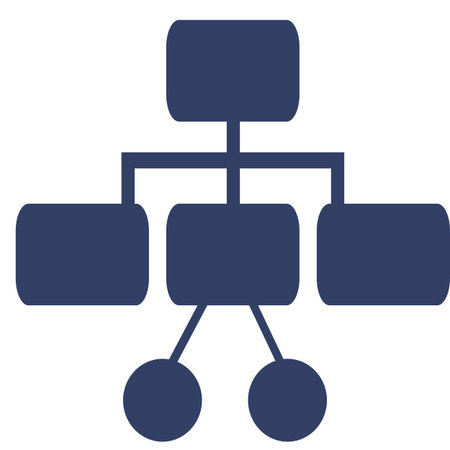 Abstract vector illustration of a hierarchical structure represented by interconnected rounded rectangles and circles, in a dark blue color palette, suitable for business or technology concepts.のイラスト素材