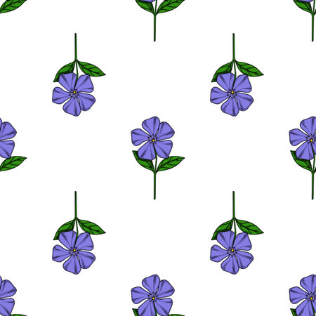 Seamless vector pattern of stylized periwinkle flowers with vibrant purple petals and green leaves, perfect for textile design or spring-themed projects.のイラスト素材