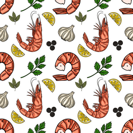 Delicious Seafood Vector Pattern: A Vibrant Repeating Design Featuring Grilled Shrimp, Lemon, Garlic, Parsley, and Peppercorns.のイラスト素材