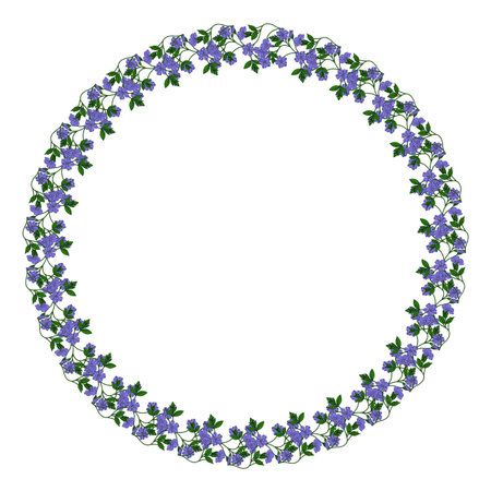 Elegant vector floral wreath with periwinkle flowers and green leaves, perfect for invitations, cards, or decorative elements.のイラスト素材