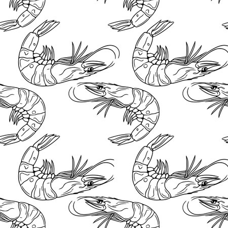Seamless vector outline pattern of detailed hand-drawn shrimps, featuring intricate line art and a monochrome aesthetic, perfect for culinary or seafood-themed designs.のイラスト素材