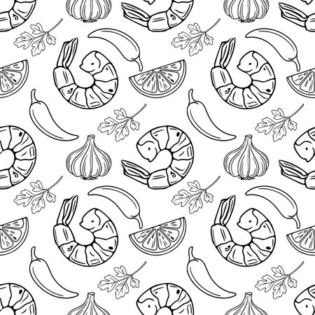 Seamless vector outline pattern of grilled shrimp, garlic, chili peppers, lemon slices, and parsley, ideal for culinary designs and food-related projects.のイラスト素材