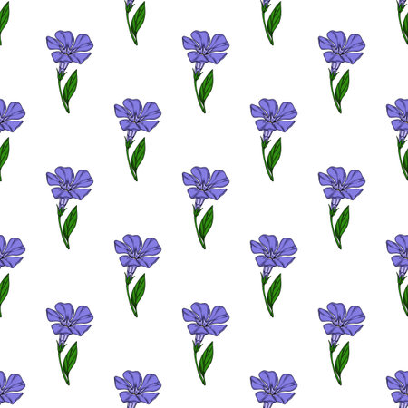 Seamless vector pattern of delicate periwinkle flowers with vibrant purple petals and lush green leaves, arranged in a repeating design on a white background.のイラスト素材