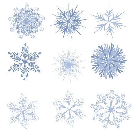 A vector illustration featuring nine unique snowflake designs in delicate light blue hues, showcasing intricate details and varied geometric patterns, ideal for winter-themed projects.のイラスト素材