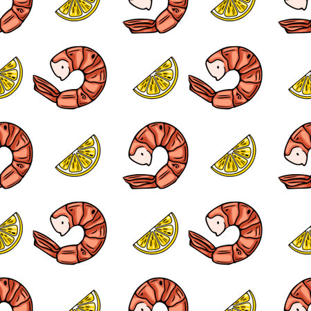 Seamless vector pattern of grilled shrimps and lemon slices, hand-drawn in a vibrant, cartoon style, perfect for food packaging or summer-themed designs.のイラスト素材
