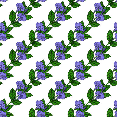 Seamless vector pattern of stylized periwinkle flowers and leaves, arranged diagonally on a white background, featuring vibrant purple blossoms and lush green foliage, perfect for textile prints or...のイラスト素材