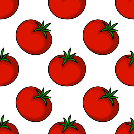 Seamless vector pattern of ripe red tomatoes with green stems, creating a vibrant and appetizing design ideal for food packaging or kitchen decor.のイラスト素材