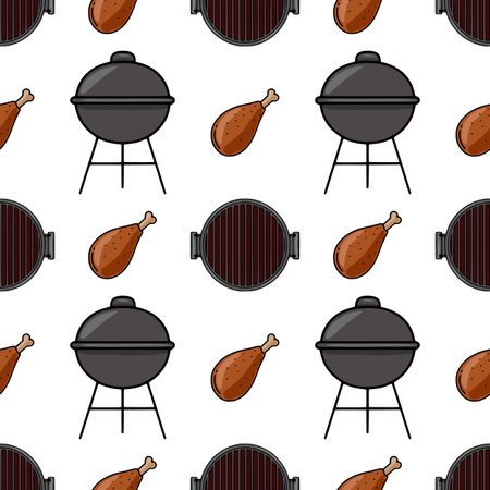 Seamless vector pattern of cartoon grilled chicken legs and barbecue grills, perfect for summer BBQ party invitations or food packaging design.のイラスト素材