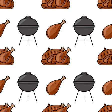 Seamless vector pattern featuring a cheerful BBQ illustration with roasted chicken, drumsticks, and a charcoal grill, perfect for summer-themed designs.のイラスト素材