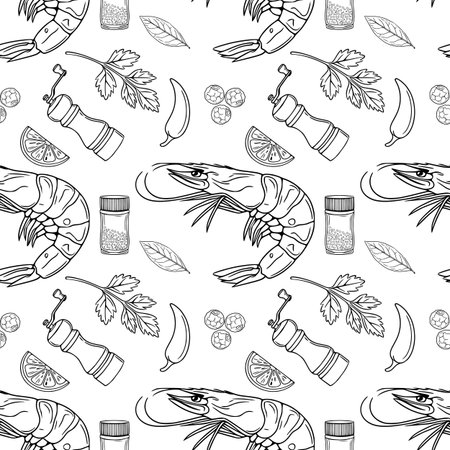 Seamless vector outline pattern with hand-drawn illustrations of grilled shrimps, pepper grinder, parsley, chili pepper, peppercorns, and lemon slices, creating a culinary-themed design.のイラスト素材
