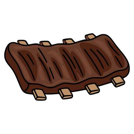 Delicious vector illustration of grilled pork ribs, showcasing a hand-drawn style with brown and beige tones, ideal for menu design or culinary-themed projects.のイラスト素材