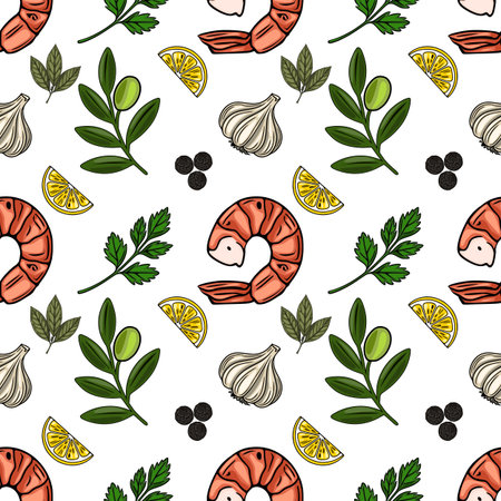Seamless vector pattern of hand-drawn shrimps, lemon slices, garlic, olives, parsley, and peppercorns, creating a vibrant and appetizing culinary illustration perfect for food-related designs.のイラスト素材