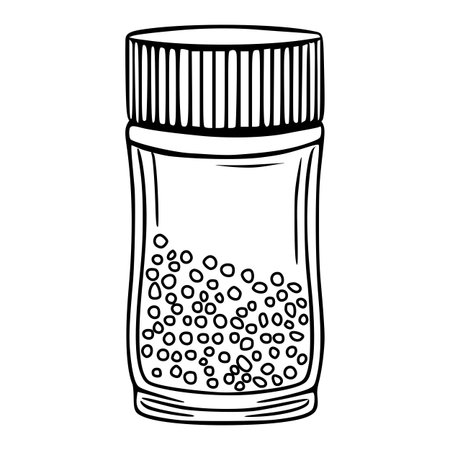Vector illustration of a hand-drawn jar filled with small, irregularly shaped particles, featuring a detailed screw-top lid with vertical lines, creating a unique and visually appealing design.のイラスト素材
