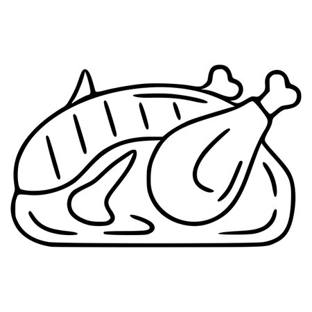 A vector illustration of a roasted chicken with grill marks, presented in a simple, bold line art style, ideal for menu design or culinary-themed projects.のイラスト素材