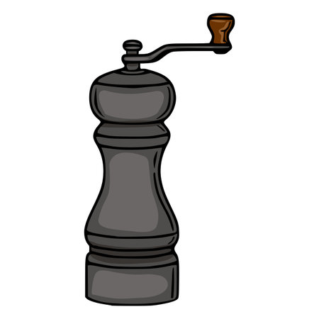 A vector illustration of a vintage-style pepper grinder, meticulously detailed with a dark gray body and a brown wooden handle, perfect for culinary designs or retro-themed projects.のイラスト素材