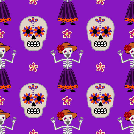 Vibrant vector seamless pattern featuring Calavera Catrinas, skeletons in traditional attire, and colorful floral elements against a rich purple background, perfect for Day of the Dead celebrations.のイラスト素材