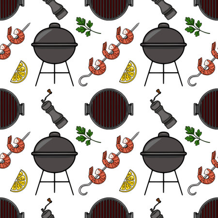 Seamless vector pattern of grilled shrimps, BBQ grill, lemon slices, parsley, and pepper grinder, perfect for summer food design.のイラスト素材
