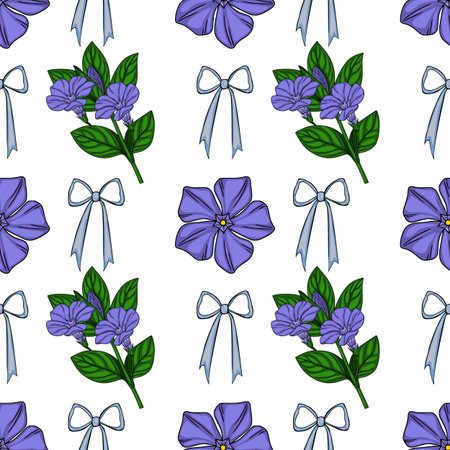 Seamless vector pattern featuring delicate periwinkle flowers and light blue bows on a white background, creating a charming and elegant design perfect for various applications.のイラスト素材