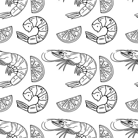 Seamless vector outline pattern of hand-drawn shrimps and lemon slices, a stylish black and white illustration perfect for culinary designs and food packaging.のイラスト素材