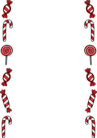 Festive Christmas vector border design featuring candy canes, lollipops, and wrapped sweets in a cheerful red and white color scheme, perfect for holiday invitations or cards.のイラスト素材