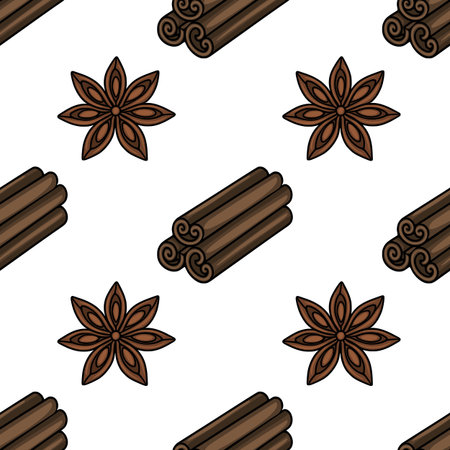 Seamless vector pattern featuring intricately detailed illustrations of cinnamon sticks and star anise, creating a warm and spicy visual texture perfect for festive designs.のイラスト素材